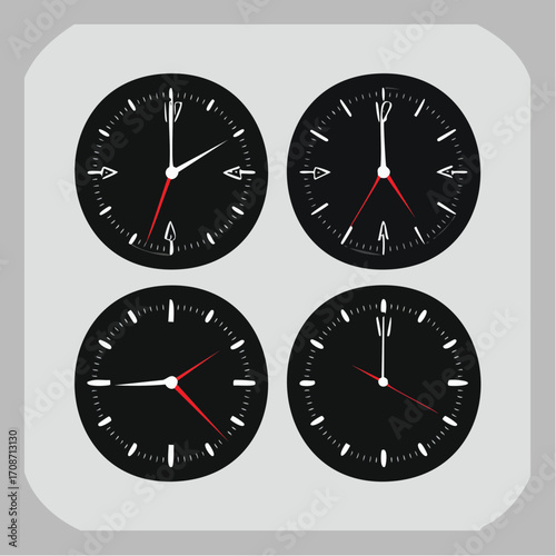Precise Time: A modern, minimalistic illustration showcases a series of four sleek, black clock faces, each telling a different precise time, ideal for concepts related to time management, schedules.