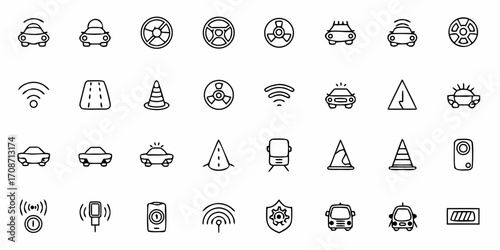 Dynamic collection of modern transportation and technology icons celebrating automotive innovation, smart driving, and connectivity for futuristic concepts
