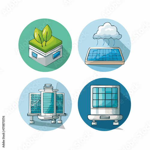 Powering a Sustainable Future: A vibrant illustration showcases an array of innovative eco-friendly energy concepts. with an image of solar panel, raincloud, leaf, environmental elements.