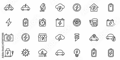 Dynamic collection of electric vehicle and energy icons showcasing modern transportation, power sources, and charging solutions for sustainable technology concepts.