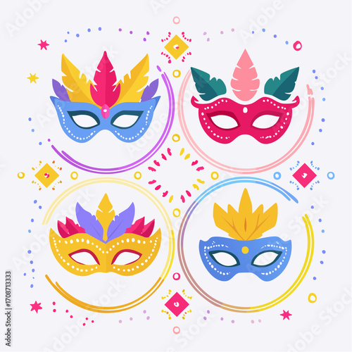 Festive Masquerade: Four vibrantly adorned masks in a celebratory arrangement, each an emblem of concealed identity and cultural artistry, evoke the thrill of anticipation and mystery.