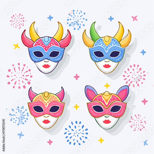 Carnival Mask Art: A vibrant and intricately designed carnival mask illustration featuring a collection of elaborate and colorful masks with a touch of celebration.