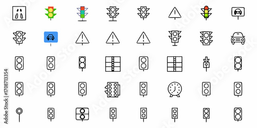 Diverse collection of traffic signal icons and road safety symbols offering clear visual communication for navigation and urban planning applications