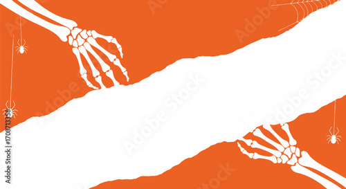 Spooky skeleton hands reaching across a torn orange background with spiders and webs