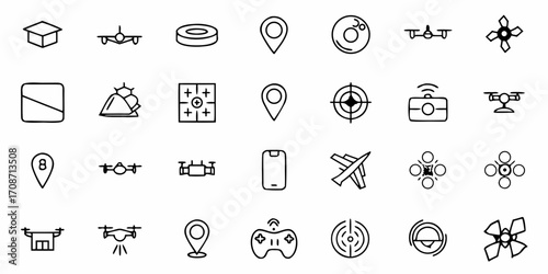 Dynamic drone and aviation icons featuring aircraft, location pins, controllers, and technology symbols for modern business and travel concepts