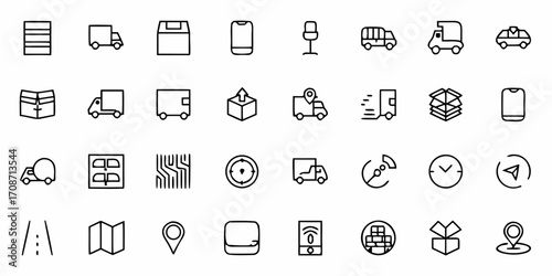 Dynamic delivery icons showcase trucks, boxes, maps, and navigation for modern logistics and shipping solutions, perfect for e-commerce and transport services