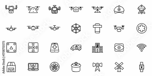 Dynamic drone icons and modern technology symbols for innovative digital projects, showcasing aerial vehicles, connectivity, and smart devices for future-forward concepts.