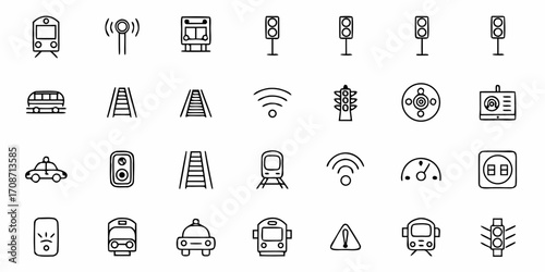 Dynamic collection of transportation and traffic control icons featuring trains, cars, buses, traffic lights, and Wi-Fi signals for modern design projects and informational graphics