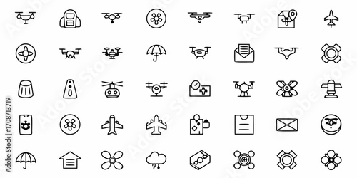 Modern drone and aviation icons collection showcasing aerial technology, delivery, weather, and travel essentials for dynamic visual projects and digital design elements.