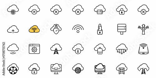 Modern cloud technology icons showcasing secure data storage, network connectivity, digital transformation, and innovative solutions for business growth and user experience