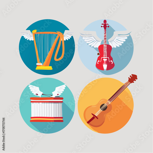 Musical Instruments with Wings: Whimsical illustration of four musical instruments adorned with angelic wings, bringing a touch of fantasy to music-themed concepts.