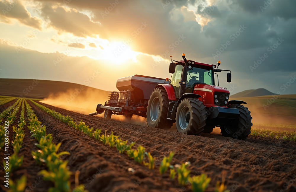 Fototapeta premium Modern red tractor with seed drill attachment sows seeds in dusty field at sunset. Large agricultural machinery ensures efficient, precise farm work and high productivity on cultivated land.