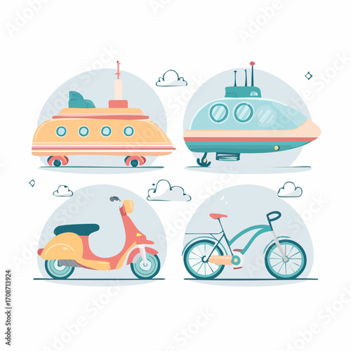 Vehicles Illustration: An illustration of variety vehicle, like a boat and a submarine, scooter and bicycle in a pastel palette, showcasing playful design for projects.