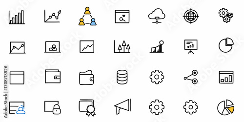 Dynamic business icons representing growth, strategy, finance, and teamwork, perfect for modern corporate presentations and digital marketing campaigns.