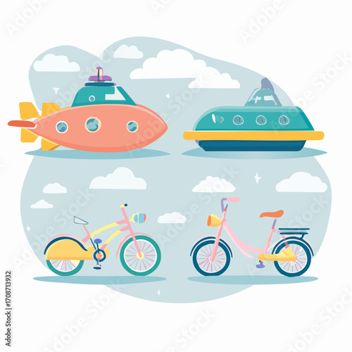 Playful Transport: A lively and vibrant illustration showcasing a whimsical collection of transportation, featuring a submarine, spaceship and two bicycles, set against a whimsical backdrop of clouds.