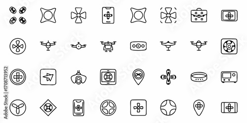 Dynamic drone technology icons showcase aerial surveillance, navigation, and modern innovation for business and lifestyle applications