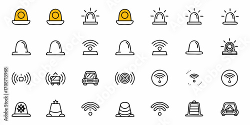 Modern iconography collection featuring warning lights, signal waves, and vehicle alerts for emergency services, transportation, and technology applications.
