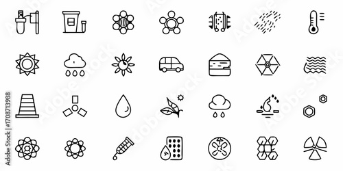 Dynamic collection of scientific, environmental, and everyday icons representing weather, nature, technology, and health concepts for engaging visual projects