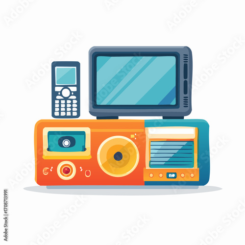 Retro Media Set: A vibrant illustration of a bygone era, showcasing a classic television set, a vintage radio, a cassette tape player, a cd player and a landline phone