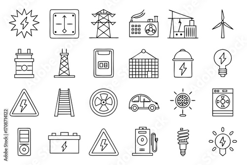 Energy power electricity generation and distribution icons set renewable sources and electrical equipment vector 100 on transparent background