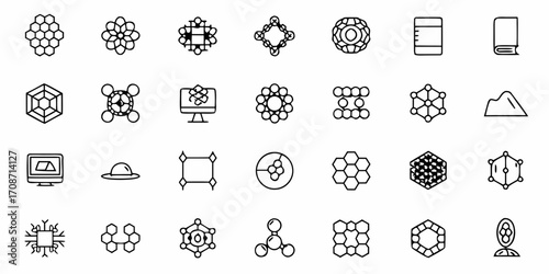 Vibrant collection of scientific and abstract geometric icons representing molecules, crystals, and data structures for innovative technology and research themes