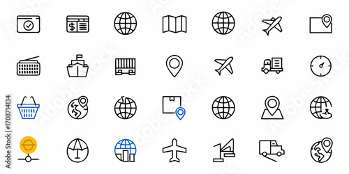 Dynamic logistics icons showcase global shipping, transportation, delivery, and location tracking for modern business and e-commerce solutions