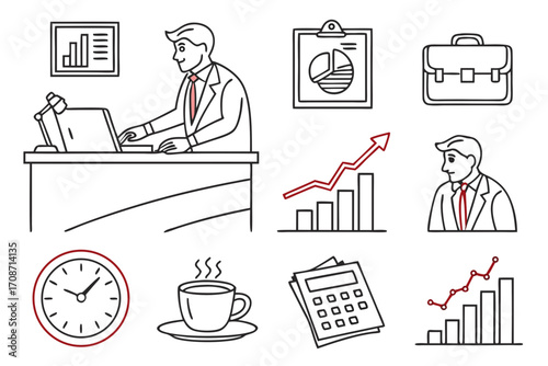 Office worker desk job business finance report chart graph time coffee calculator briefcase clipboard man work on transparent background