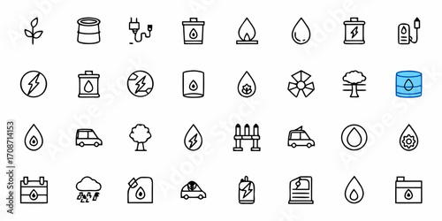 Vibrant collection of modern icons representing sustainable energy, eco-friendly transport, and natural resources, perfect for environmental awareness campaigns and green technology branding.