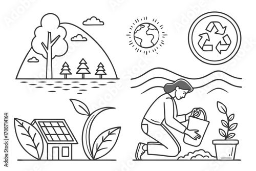 Eco friendly living sustainable lifestyle illustration with nature elements and recycling concept vector design on transparent background