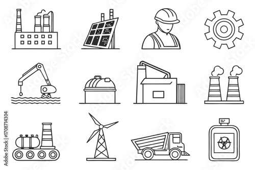 Industry and manufacturing icons set vector illustration factory construction energy power and engineering on transparent background
