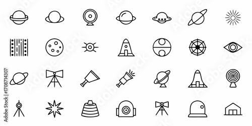 Explore the cosmos with this versatile collection of minimalist space and science icons, perfect for modern tech presentations, educational materials, and futuristic designs.