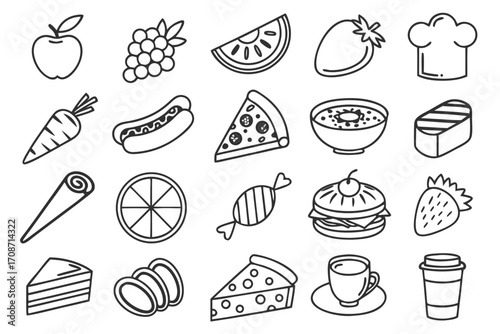 Food icons vector illustration set of apple grapes watermelon strawberry hotdog pizza and cake outline drawing on transparent background