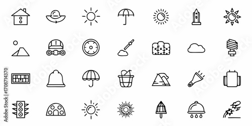 Diverse collection of simple line icons representing weather, travel, and everyday objects, perfect for modern digital projects and infographics, offering clear visual communication.