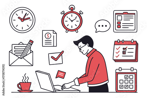 Illustration of time management productivity workflow tasks planning schedule deadlines and organization skills on transparent background