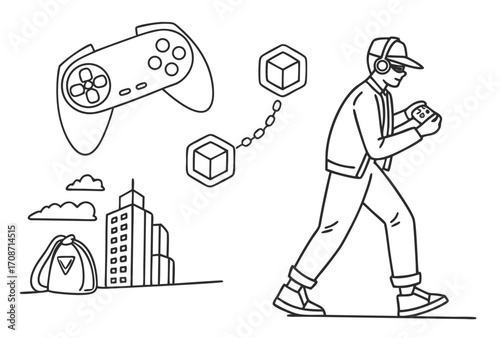 Virtual reality gaming experience with vr headset controller and metaverse exploration in city environment on transparent background
