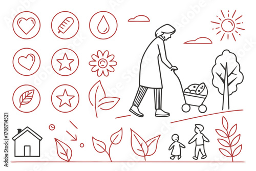 Family life vector illustration featuring nature elements heart sun home and baby stroller for wellness concept on transparent background
