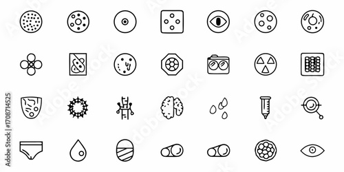 Diverse medical and scientific icons set featuring cells, biology, diagnostics, and health symbols for innovative research and healthcare presentations