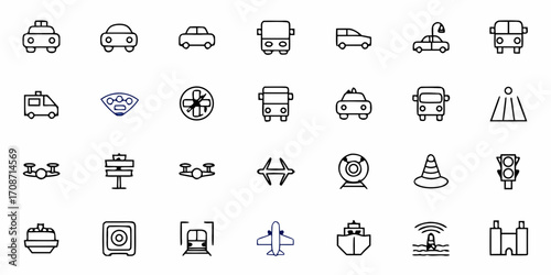 Diverse transportation icons including cars, buses, ambulances, drones, planes, ships, and traffic signals for modern design projects and infographics