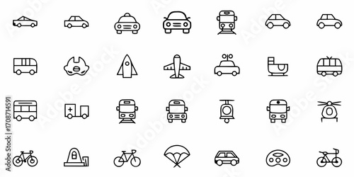 Diverse collection of simple line art icons featuring various modes of transportation and related items, perfect for modern design projects