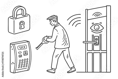 Smart home security system with keyless entry, keypad lock, and surveillance camera for modern homes on transparent background
