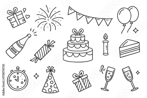 Celebration doodle set with cake, gifts, champagne, balloons, and party decorations line art vector 100 on transparent background