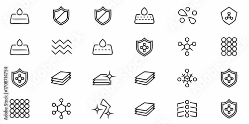 Dynamic icon set showcasing scientific concepts like molecular structures, protective shields, layered materials, and water resistance for modern technology and innovation visuals
