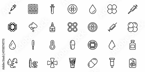 Essential medical icons representing healthcare, research, and wellness, perfect for scientific presentations, health apps, and pharmaceutical marketing materials, conveying innovation and care