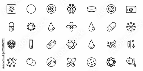 Scientific icons representing biology, medicine, chemistry, and research with diverse symbols for cells, molecules, pills, and lab equipment.