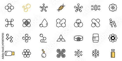 Dynamic icons representing molecules, atoms, cells, and scientific concepts for modern research and development projects, research presentations, and educational materials