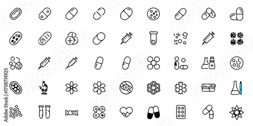 Dynamic collection of medical icons featuring pills, syringes, test tubes, microscopes, and cellular structures for healthcare and science presentations