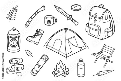 Camping gear checklist and camping equipment essentials for outdoor adventure and nature exploration trip planning on transparent background