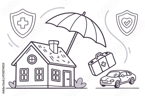 Outline illustration of home car health life insurance policy coverage and protection concept drawing art design on transparent background