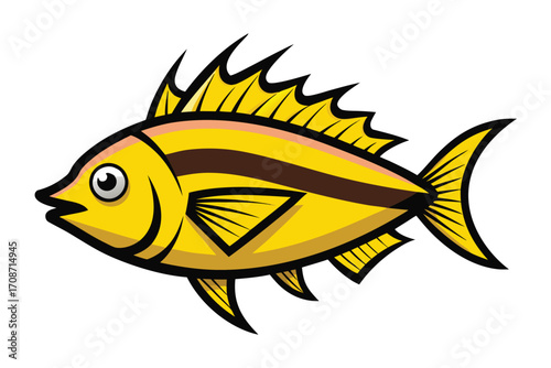 Bright yellow cartoon fish with dark brown stripe and spiky fins illustration animal