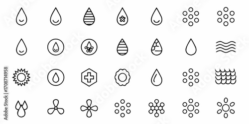Captivating collection of essential icon symbols representing water, health, and nature elements for modern design projects, instantly elevating your visual communication and branding needs.